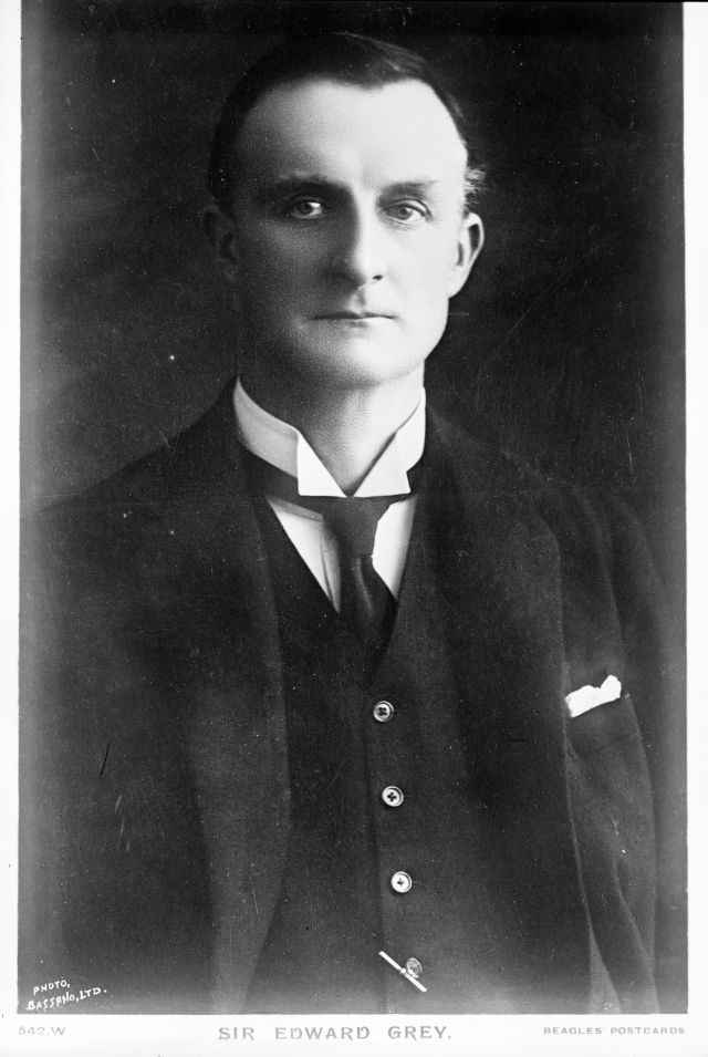 Sir Edward Grey, 1914, during his time as Foreign Secretary. Photo by Bassano, Beagles Postcard #542W; Source: Wikimedia Commons